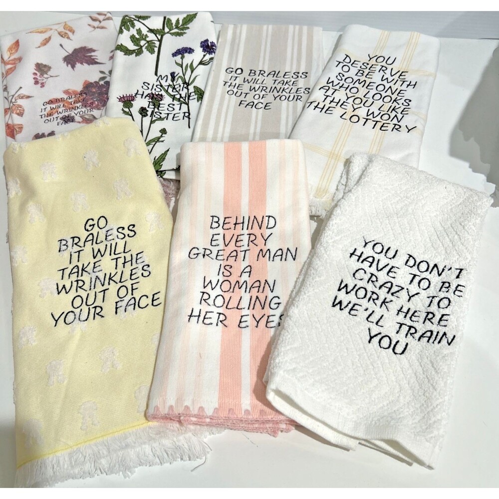 7 Funny Embroidered Kitchen Dish Tea Towels Women's Theme Terry Cloth